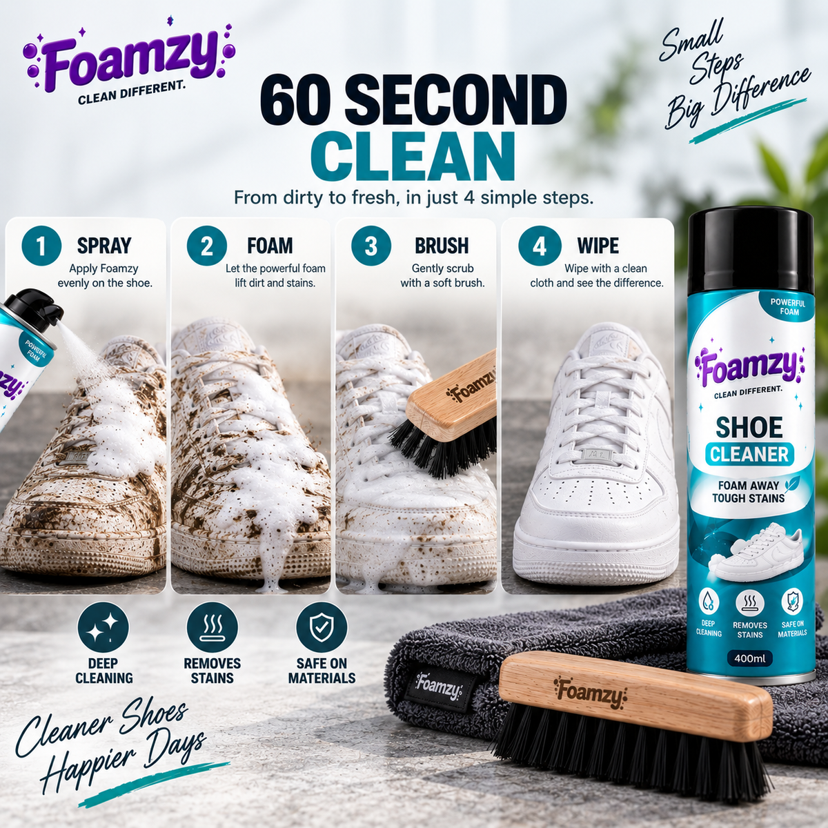 Foamzy Freshstep - Footwear Cleaning Foam (2 Foam Cleaners + Free Deep-Clean Brush)
