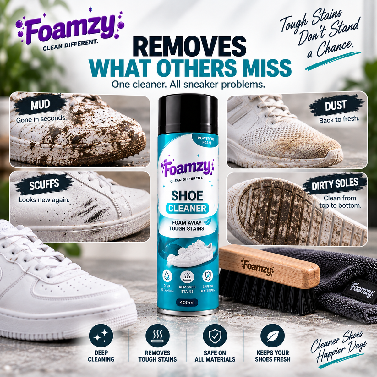 Foamzy Freshstep - Footwear Cleaning Foam (2 Foam Cleaners + Free Deep-Clean Brush)